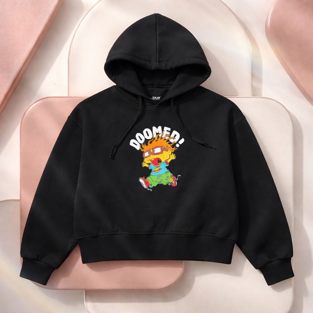 H&M Black Rugrats Chuckie Finster "DOOMED!" Cropped Hoodie Sweatshirt